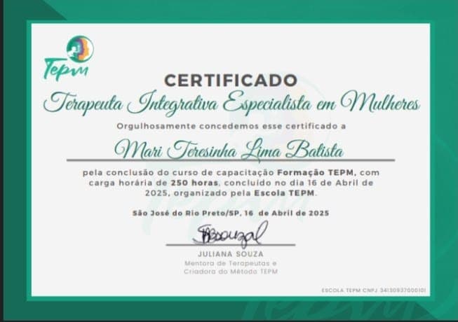 Certificado de conclusão da Formação TEPM de Mari Batista, com carga horária de 250 horas, emitido em abril de 2025